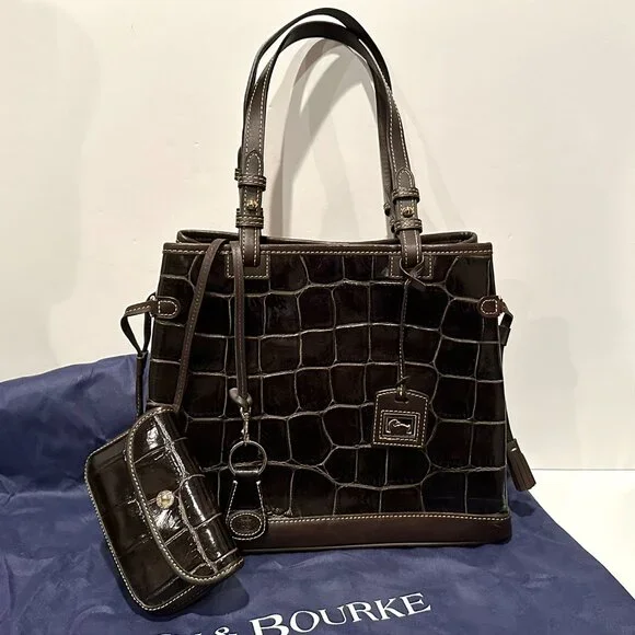 Dooney & Bourke Croc Embossed Double Strap Tassel Shoulder Bag Keychain Dust Bag - Picture 5 of 16